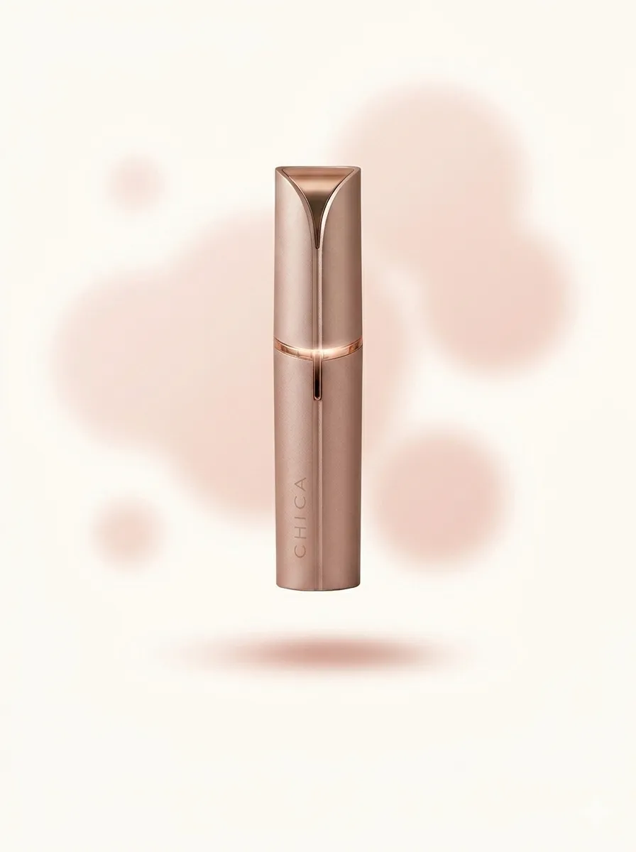 Chica facial hair remover on a marble vanity with pink silk drapes, perfume, and roses.