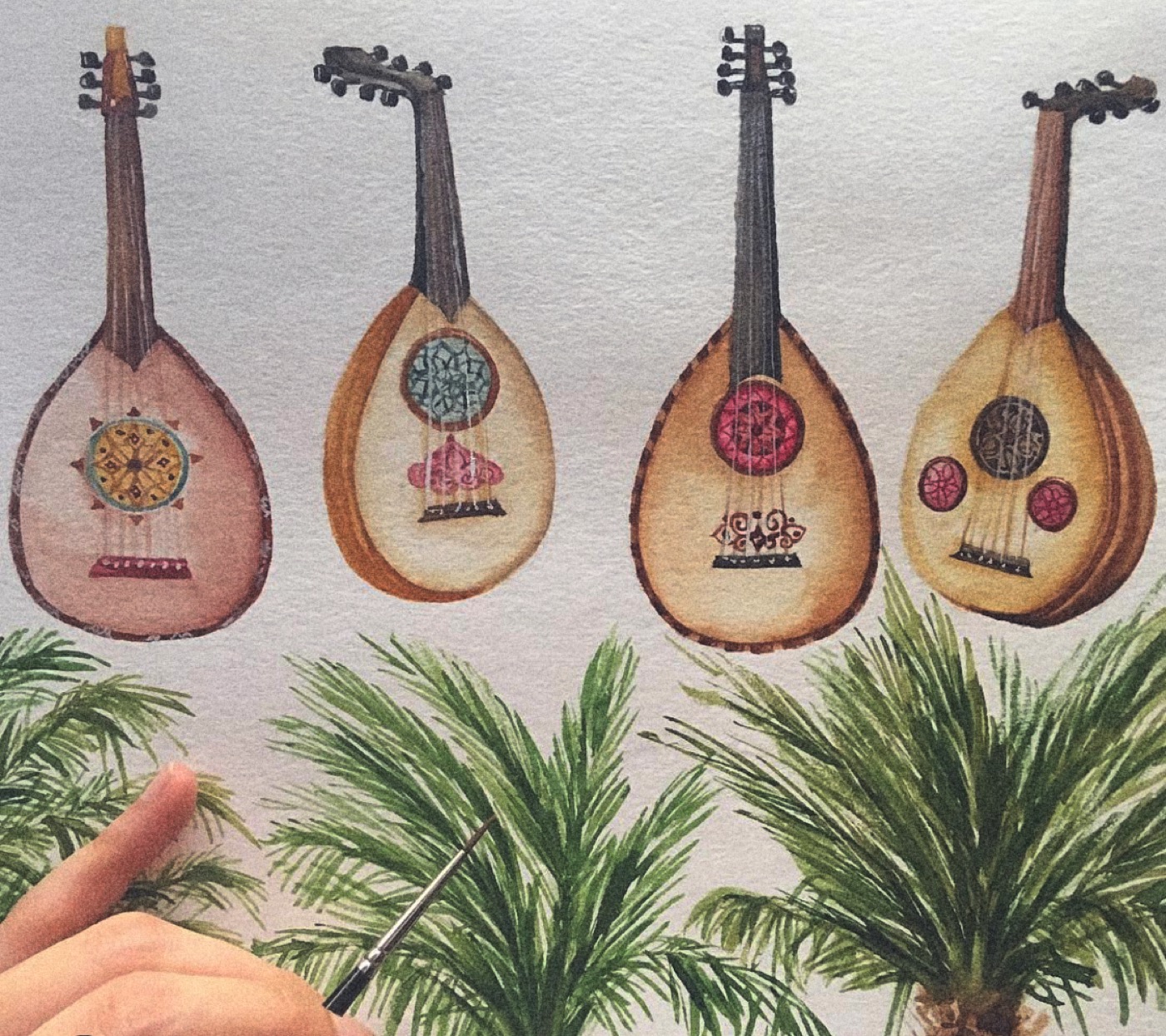 Oud instruments and palms watercolor