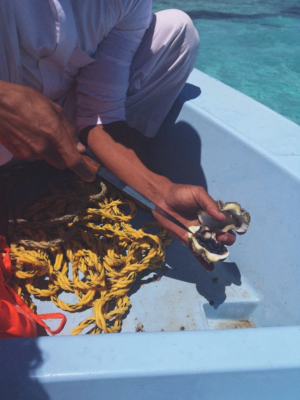Oyster shucking on a boat — Red Sea pearl diving heritage